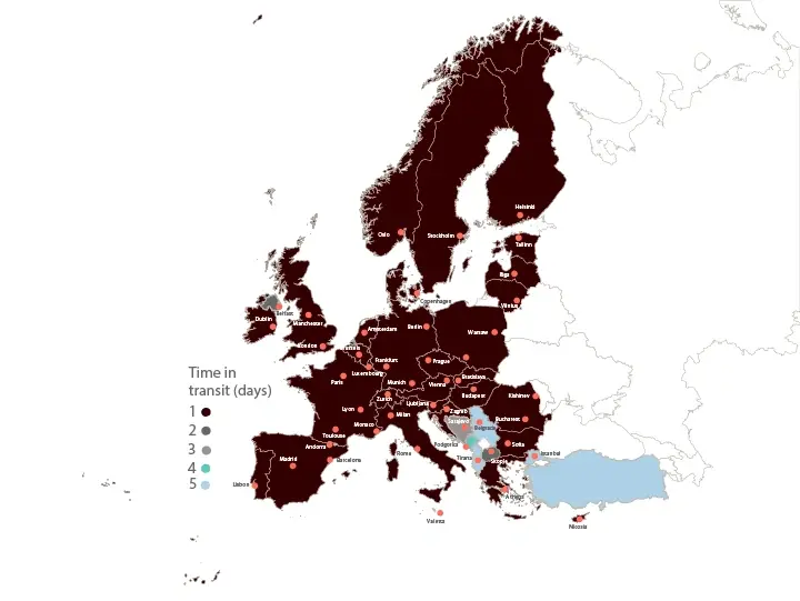 UPS Europe transit time map